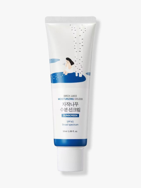 White bottle of Round Lab Birch Juice Moisturizing UVLOCK SPF 45 with white cap on light gray background