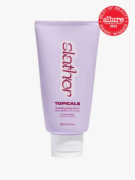 Topicals Slather Exfoliating Body Serum lavender tube with red 2023 Allure Best of Beauty seal on light gray background