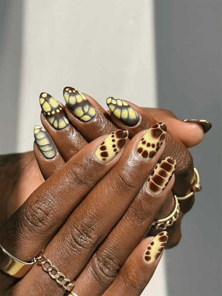 Brown and yellow butterfly nails