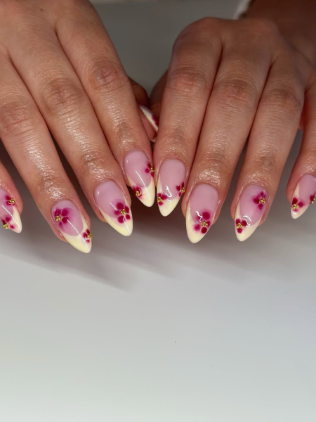 Butter yellow and pink blooming gel manicure