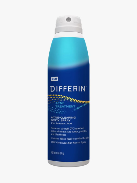 Spray bottle of Differin Acne Body Spray with white cap on a white background