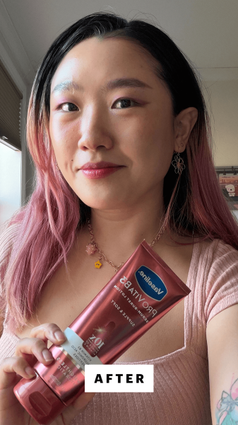 Han after applying the Vaseline Pro VitaB3 Serum Burst Lotion in Soft Supple