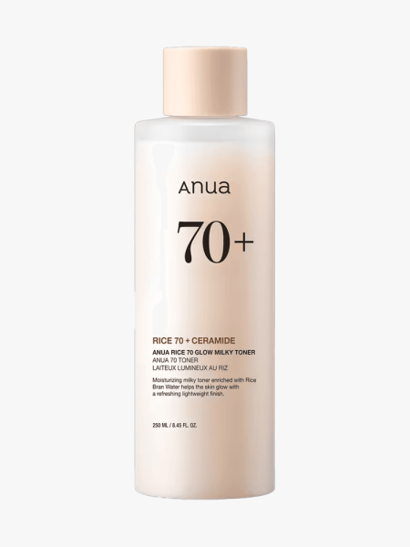Anua Rice 70 Glow Milky Toner in branded component on a light gray background